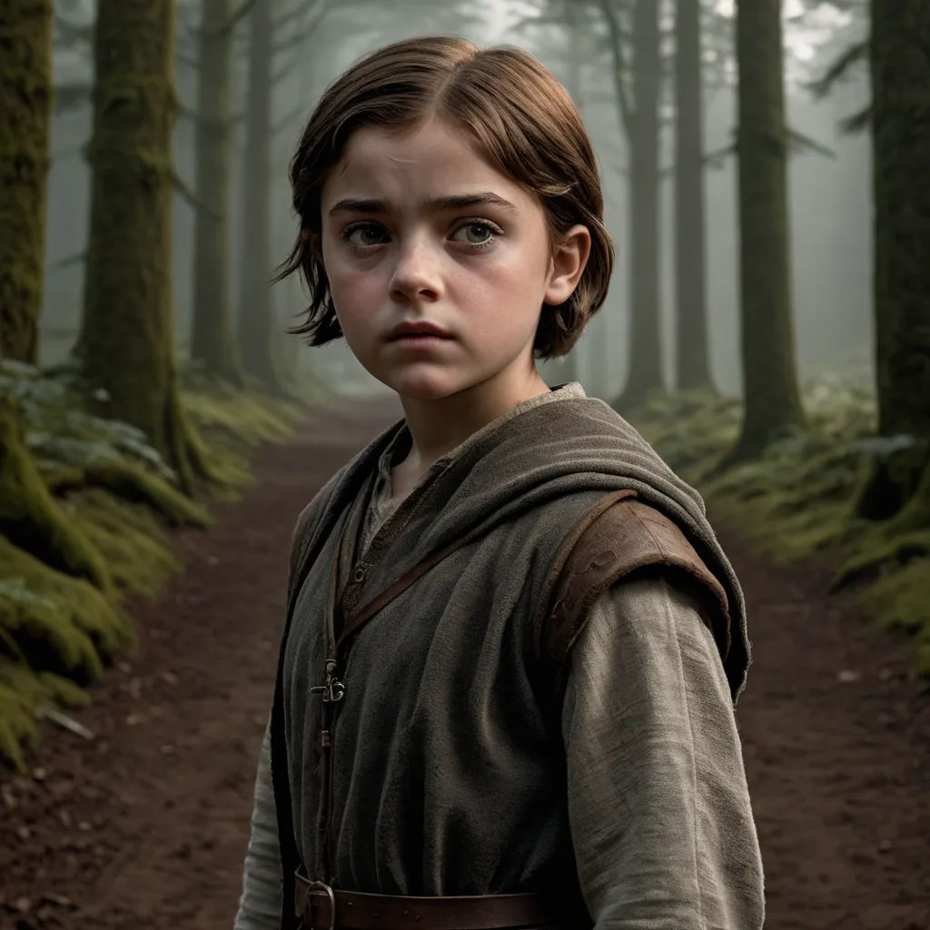 a young boy in a brown outfit standing in a forest with trees and a path leading to the woods, antipodeans, a detailed matte painting, Dirk Crabeth, promotional image
