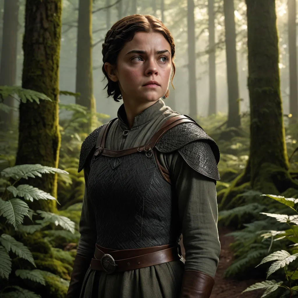 a woman in a forest with a sword in her hand and a forest background with ferns and trees, and a woman in a brown dress with a brown leather belt, antipodeans, a character portrait, Ada Gladys Killins, promotional image
