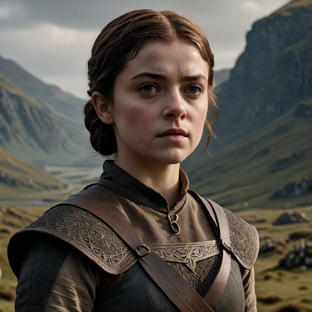 a woman in a brown outfit standing in a field with mountains in the background and a cloudy sky above her, antipodeans, a detailed matte painting, Ada Gladys Killins, promotional image