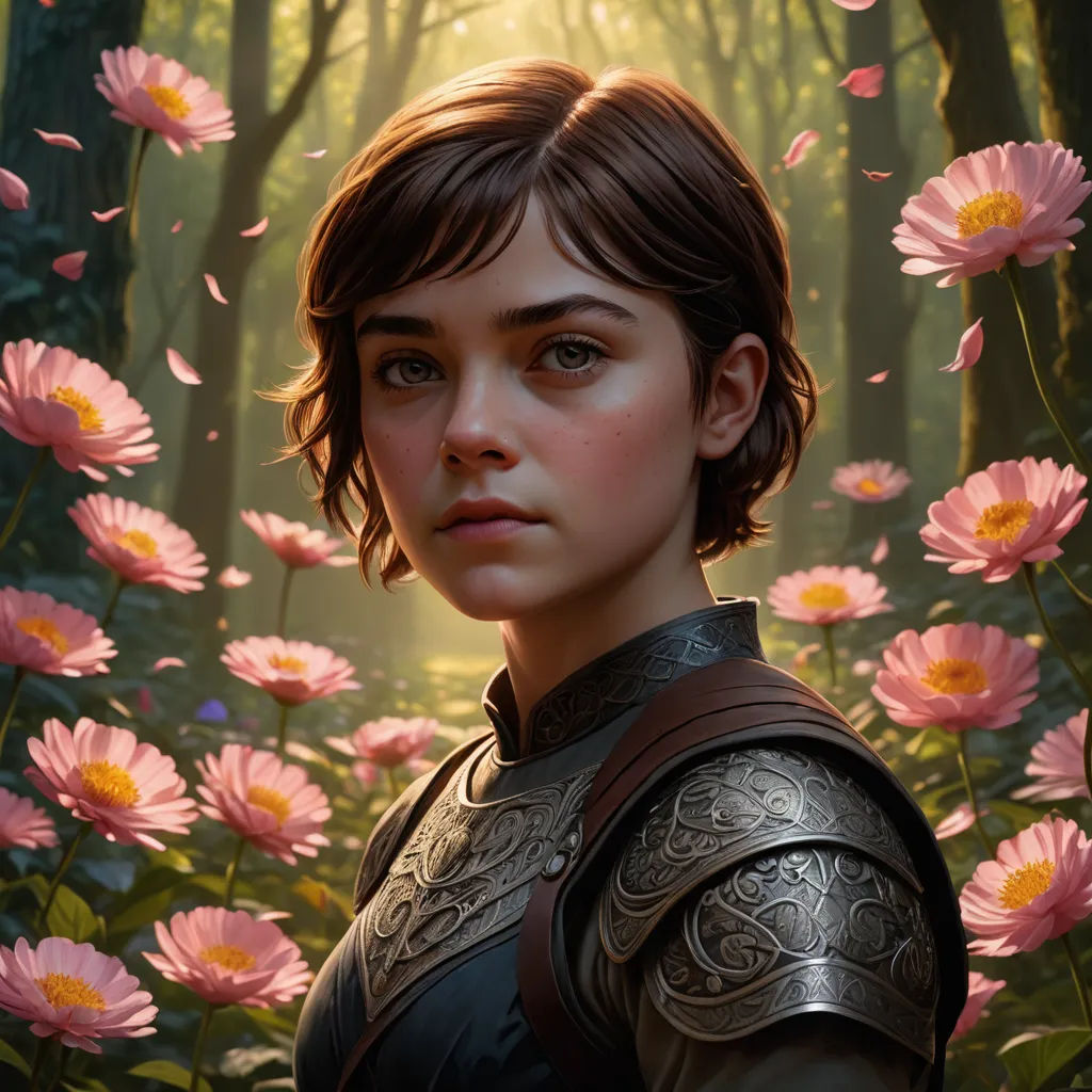 a painting of a woman in a forest with pink flowers in the foreground and a forest of pink flowers in the background, fantasy art, a character portrait, Clint Cearley, magic the gathering artwork