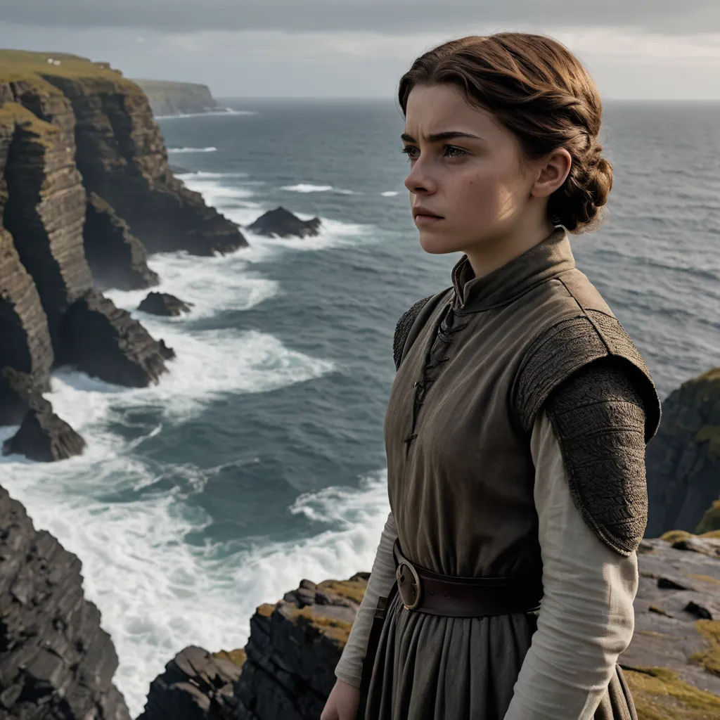 a woman standing on a cliff overlooking the ocean and cliffs of the ocean with a cliff in the background, neo-romanticism, a detailed matte painting, Anne Said, promotional image