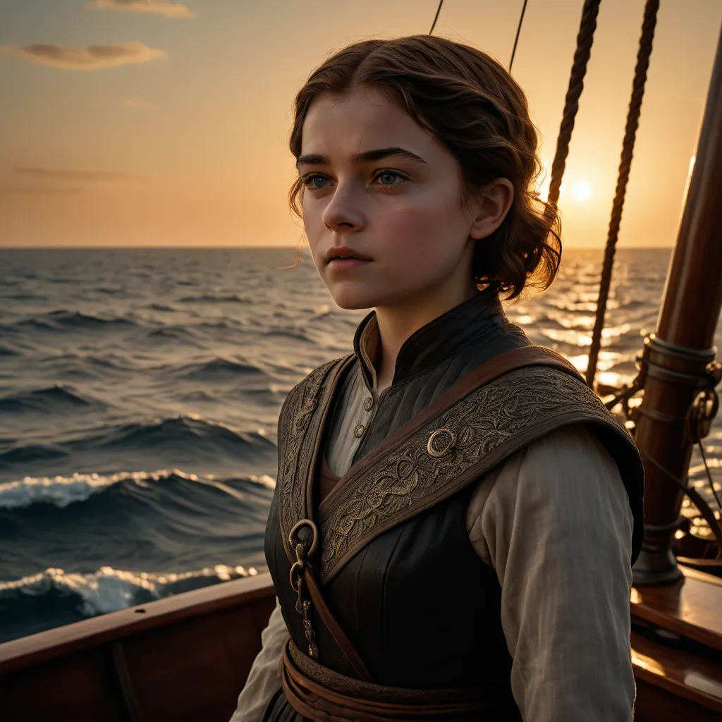 a woman in a brown dress on a boat in the ocean at sunset with the sun setting behind her, renaissance, a character portrait, Anne Said, promotional image