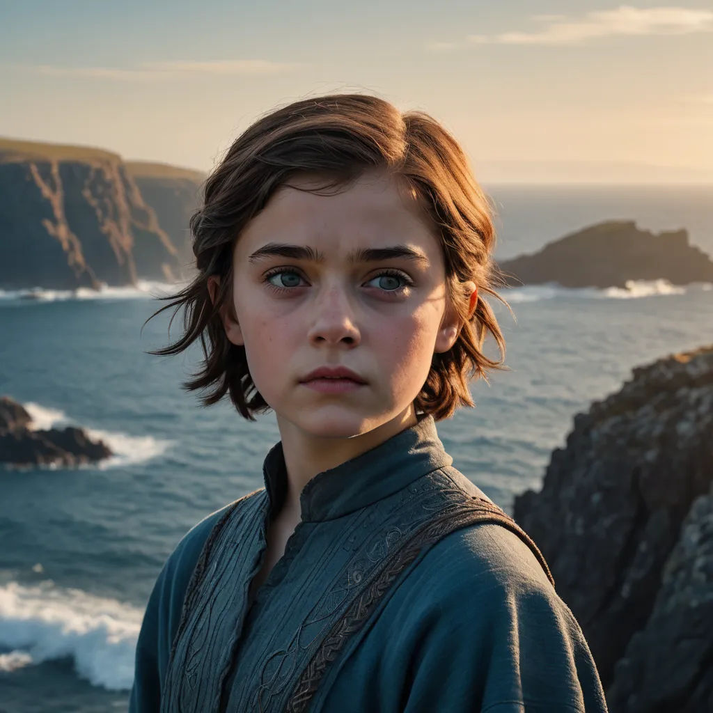 a young boy standing on a cliff overlooking the ocean with a cliff in the background and a cliff in the foreground, antipodeans, a character portrait, Anne Said, imax 70 mm footage