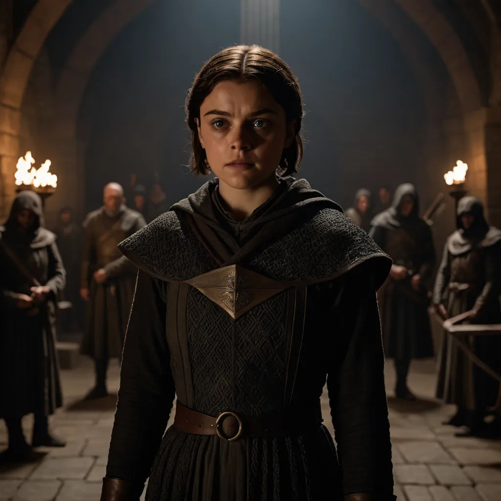 a woman in a dark dress standing in a room with people around her and a light shining on her, antipodeans, a renaissance painting, Ada Gladys Killins, promotional image