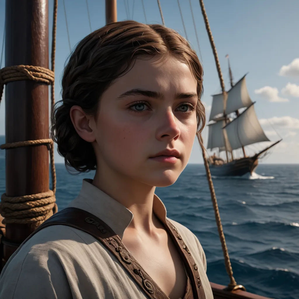 a young girl is standing on a boat in the ocean with a sailboat in the background and a ship in the distance, renaissance, a poster, Anne Said, promotional image