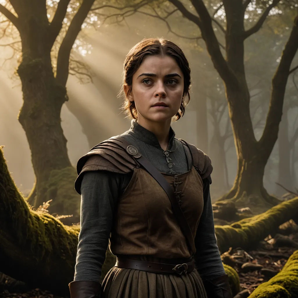 a woman in a brown dress standing in a forest with trees and moss on the ground and sunlight streaming through the trees, antipodeans, a character portrait, Ada Gladys Killins, promotional image