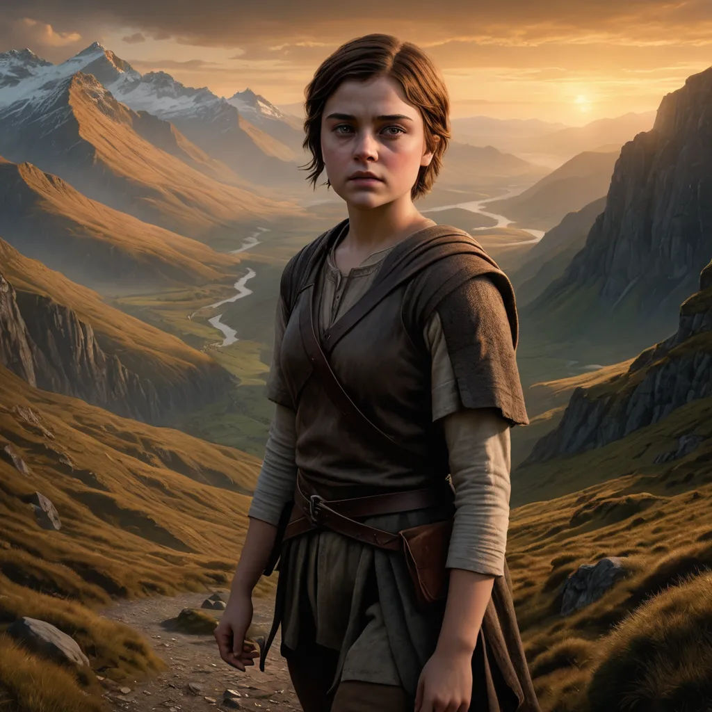 a painting of a woman in a brown dress standing in a mountain valley with a river running through it, fantasy art, a detailed matte painting, Ada Gladys Killins, cinematic matte painting