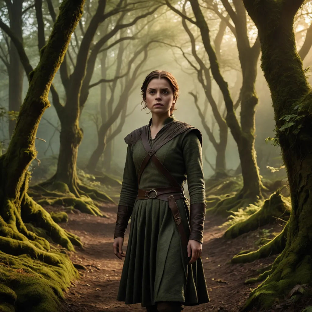 a woman in a green dress standing in a forest with trees and moss growing on the ground and a path leading to the woods, pre-raphaelitism, a character portrait, Dirk Crabeth, promotional image