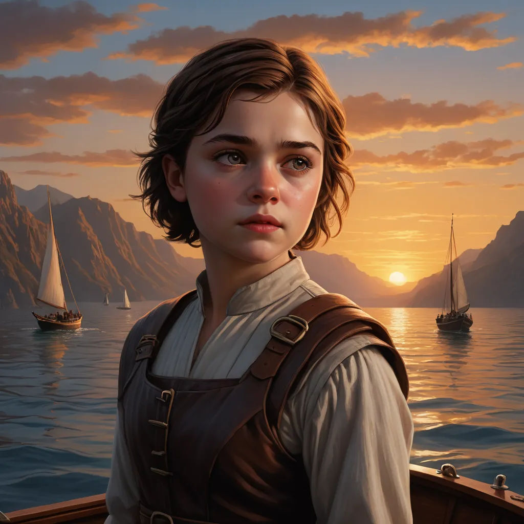 a painting of a girl in a boat on the water at sunset with a sailboat in the background, fantasy art, a detailed painting, Clint Cearley, magic the gathering artwork
