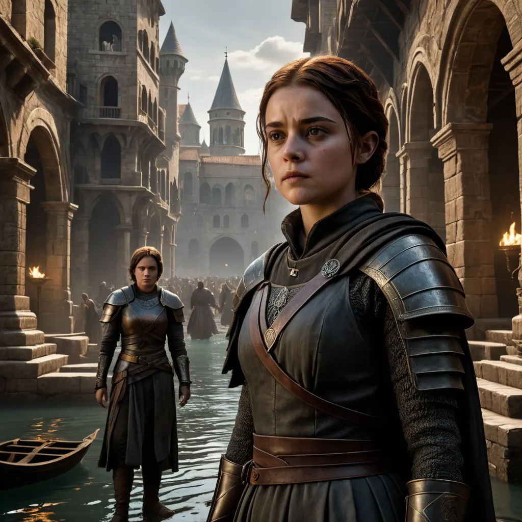 a woman in a black dress standing next to a man in a black suit in a river with a castle in the background, antipodeans, a detailed matte painting, Ada Gladys Killins, unreal engine highly rendered