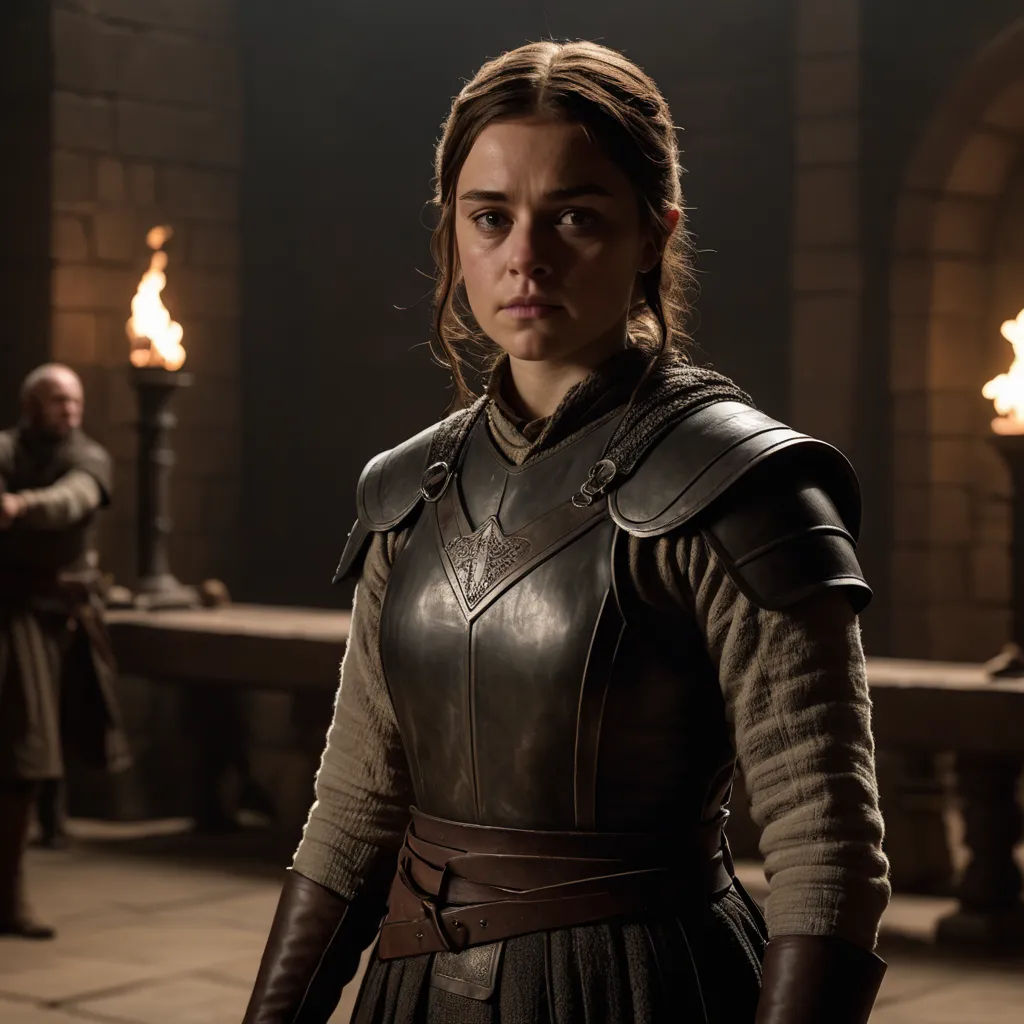 a woman in a leather outfit standing in a room with torches in the background and a man in a suit standing behind her, dau-al-set, a character portrait, Ada Gladys Killins, promotional image