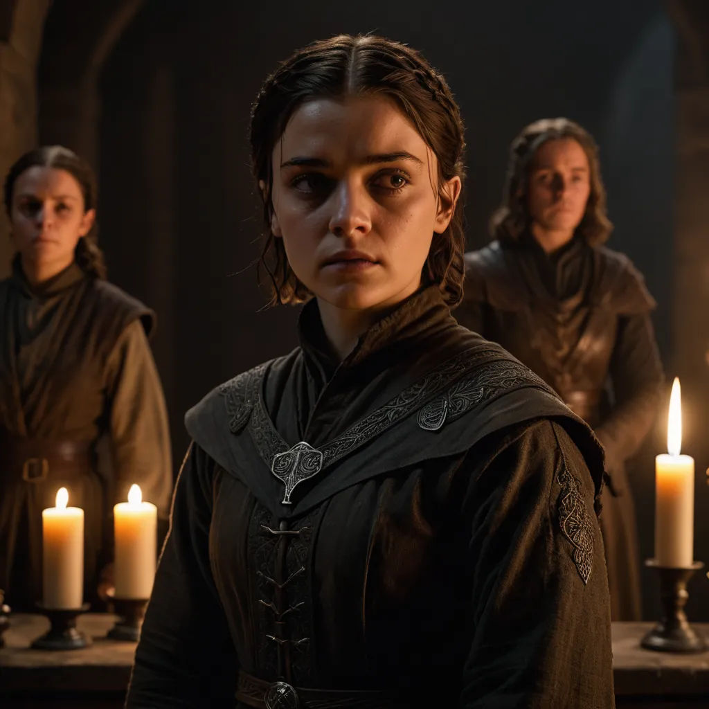 a woman standing in front of a table with candles in front of her and a man standing behind her, antipodeans, a character portrait, Ada Gladys Killins, promotional image