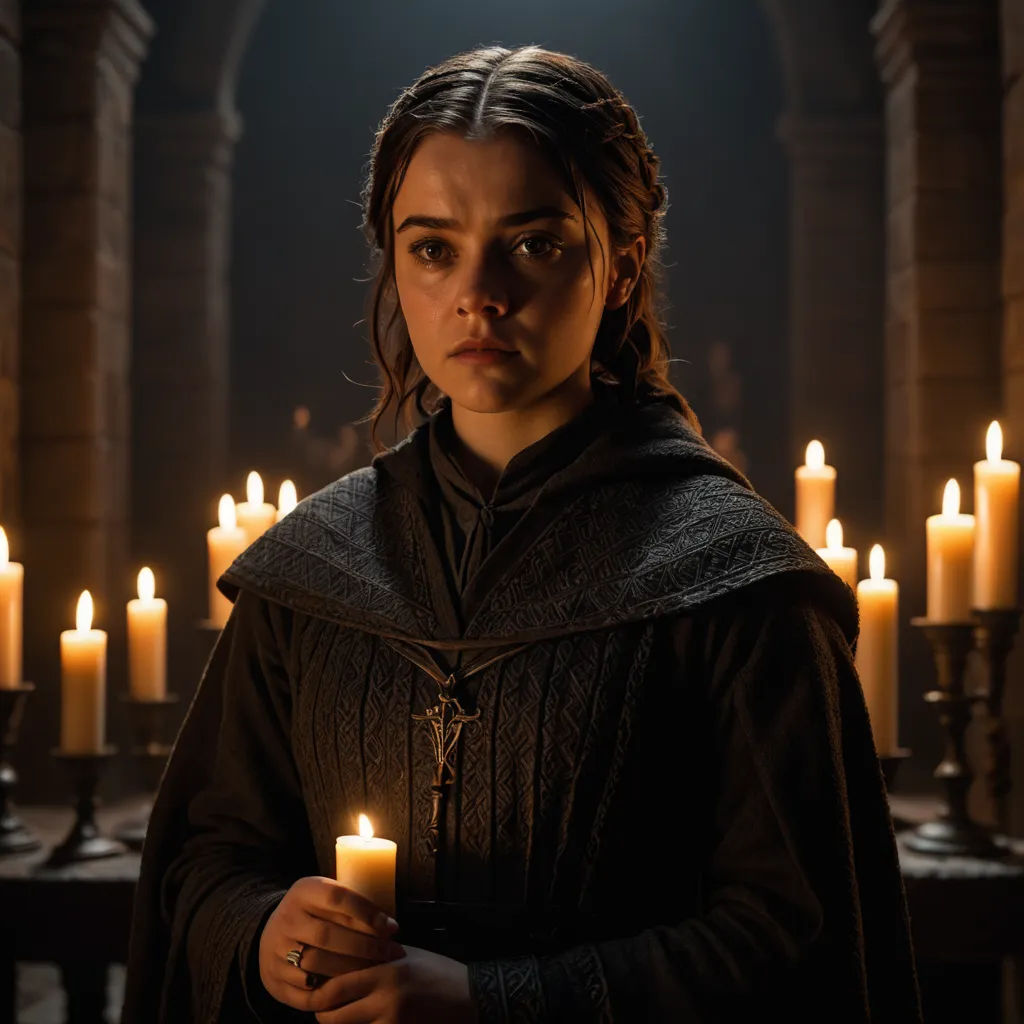 a woman in a dark robe holding a candle in a room with candles in it and a dark background, gothic art, a poster, Ada Gladys Killins, movie still