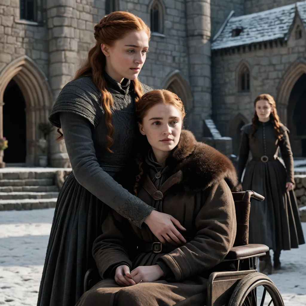a woman in a wheelchair is being hugged by a woman in a dress and coat in front of a castle, antipodeans, a renaissance painting, Anne Said, promotional image