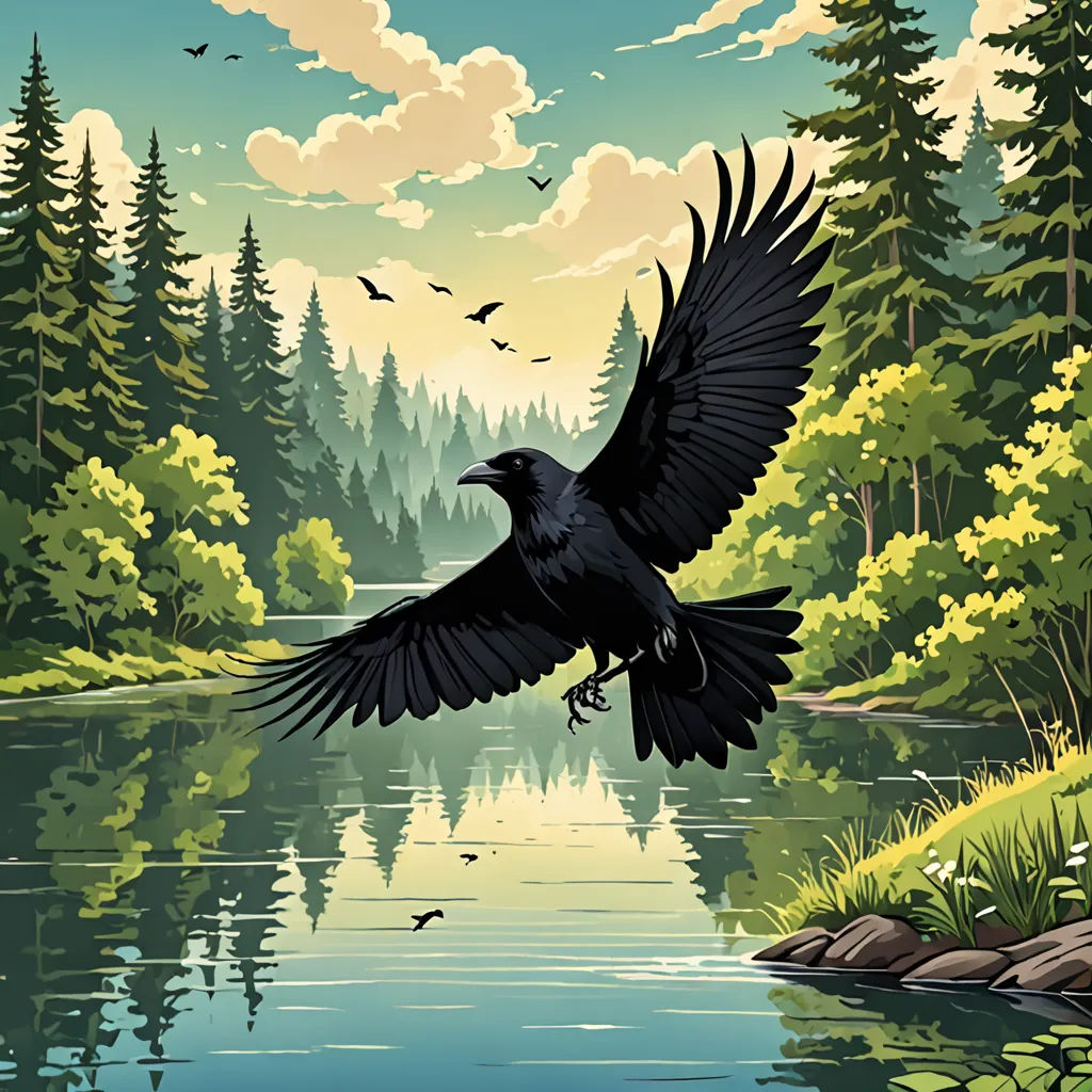a black bird flying over a river surrounded by forest and birds in the sky with clouds above it and a forest and lake below, environmental art, poster art, Dan Mumford, josan gonzales and dan mumford