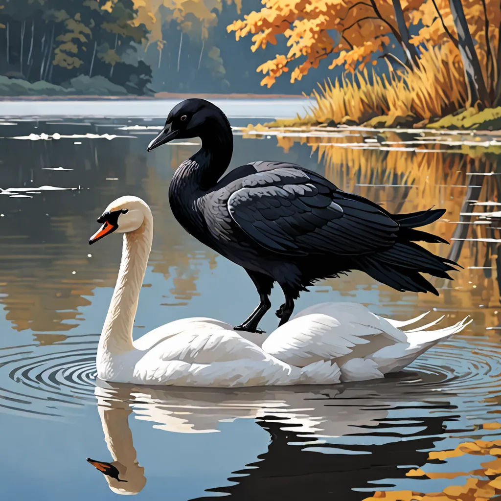 two birds are sitting on the water in the fall time, one is black and the other is white, american scene painting, an ultrafine detailed painting, Brothers Hildebrandt, highly detailed digital painting