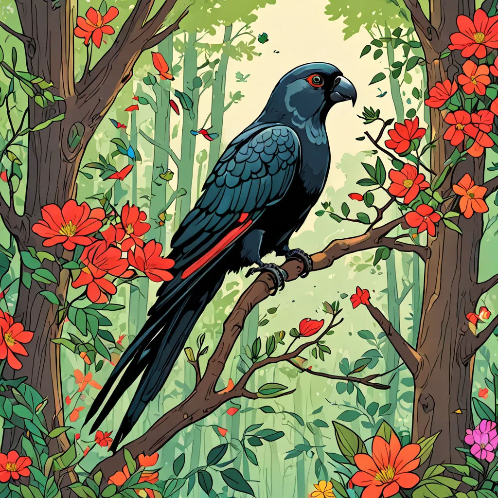 a bird perched on a branch in a forest with flowers and trees in the background, with a yellow sky, fantasy art, a storybook illustration, Chris LaBrooy, high detail illustration