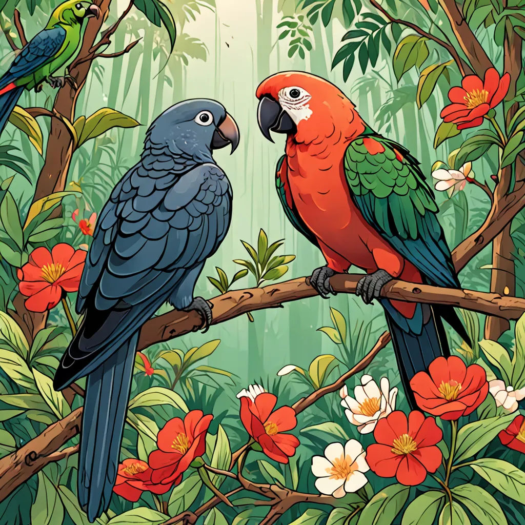 two parrots are sitting on a branch in a tropical forest with flowers and trees, and one is looking at another parrot, generative art, a storybook illustration, Chris LaBrooy, birds
