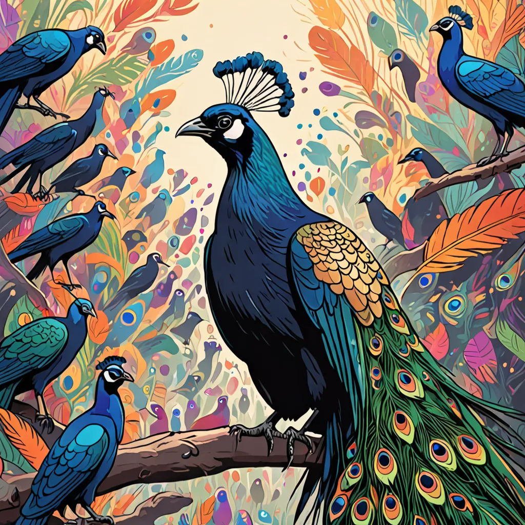a painting of a peacock sitting on a tree branch with other birds around it and a sky background with colorful flowers, psychedelic art, poster art, Dan Mumford, josan gonzales and dan mumford