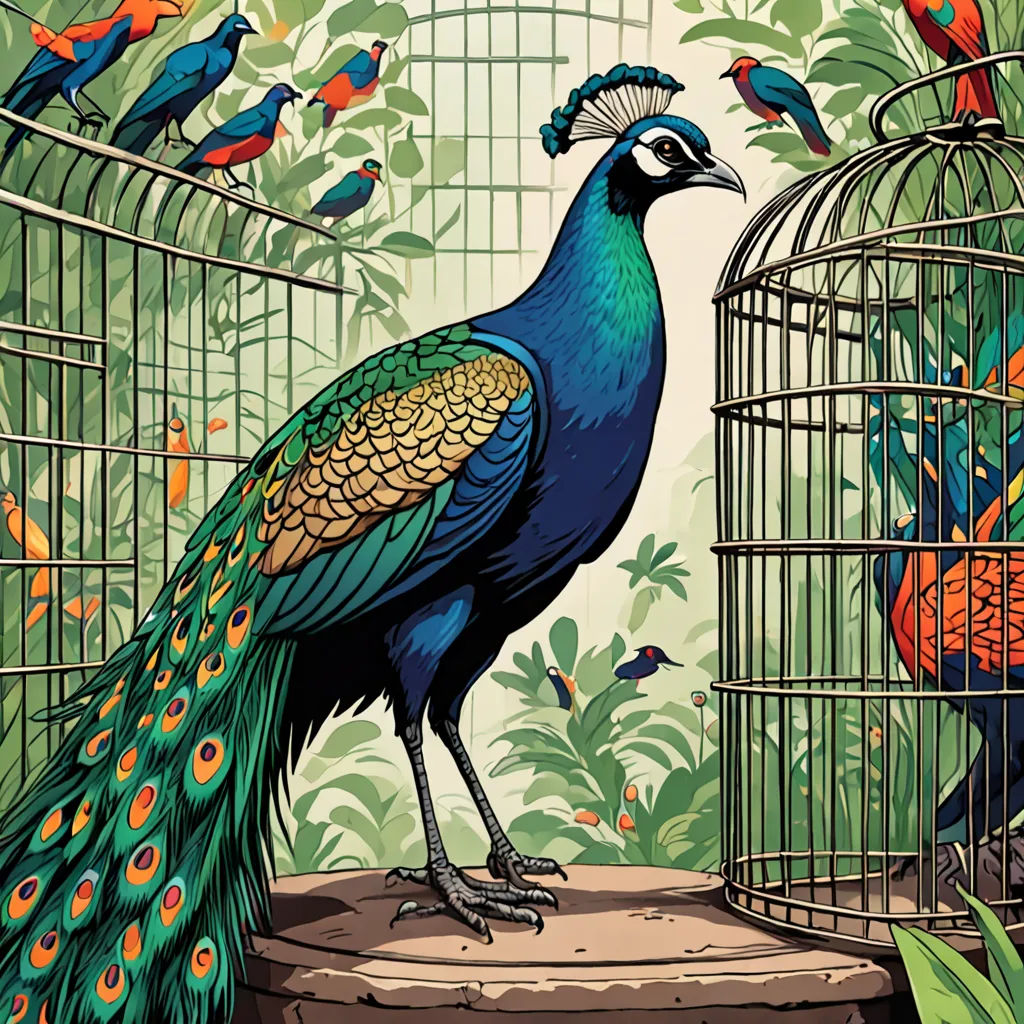 a peacock standing in front of a cage with birds in it and a birdcage behind it with a bird in it, cloisonnism, a storybook illustration, Chris LaBrooy, high detail illustration
