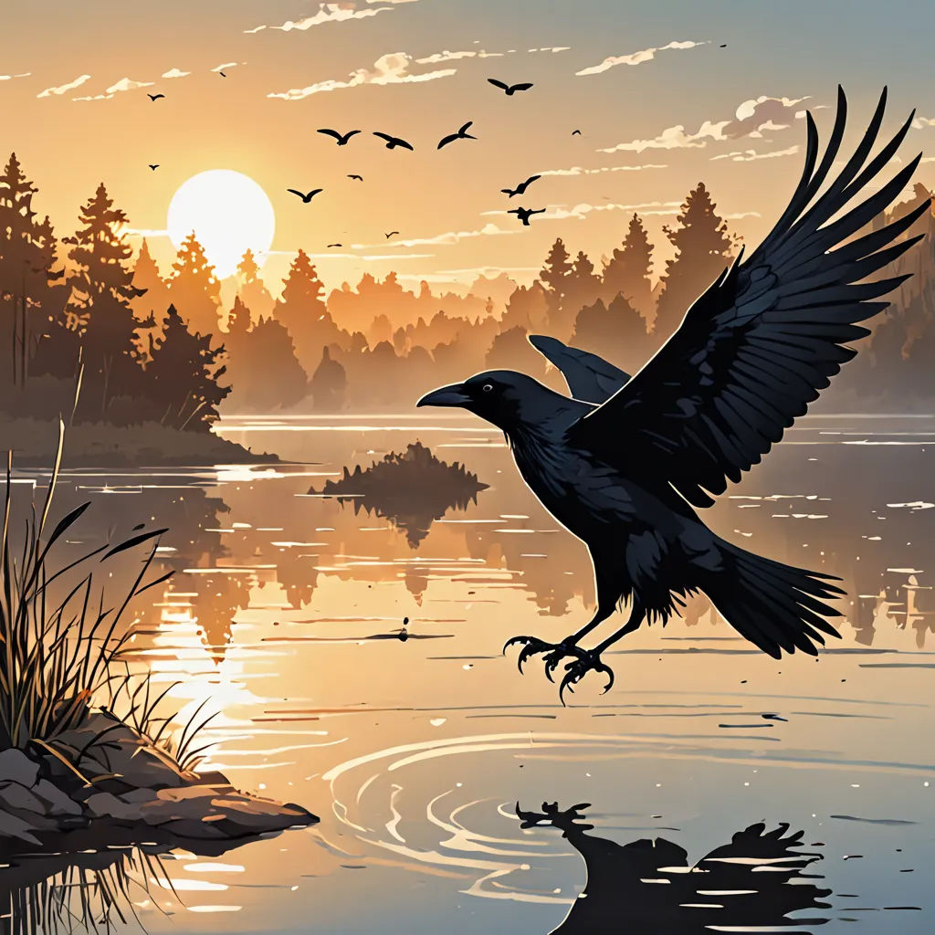 a bird flying over a lake with a sunset in the background and birds flying over the water and trees, gothic art, a comic book panel, Dan Mumford, highly detailed digital painting