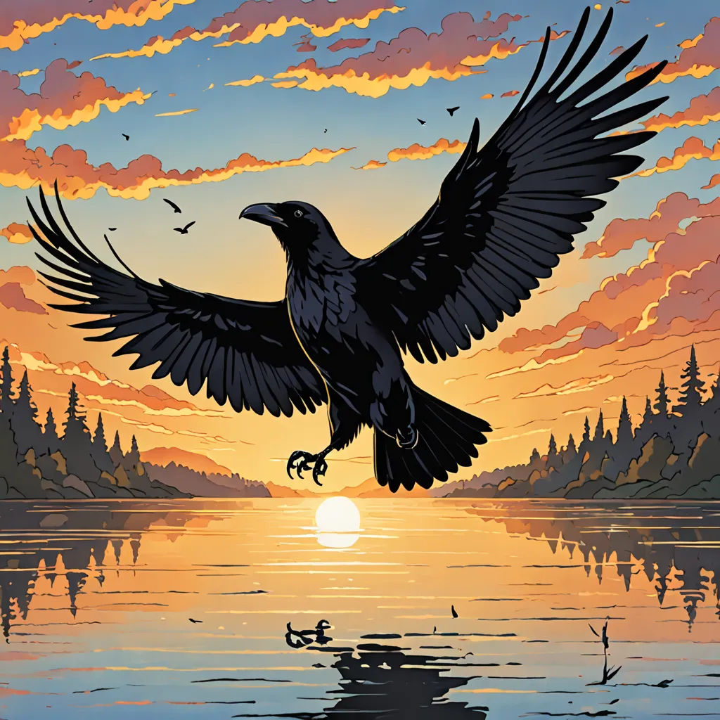 a painting of a bird flying over a lake at sunset with a sunset in the background and a flock of birds flying over the water, environmental art, poster art, Dan Mumford, josan gonzales and dan mumford
