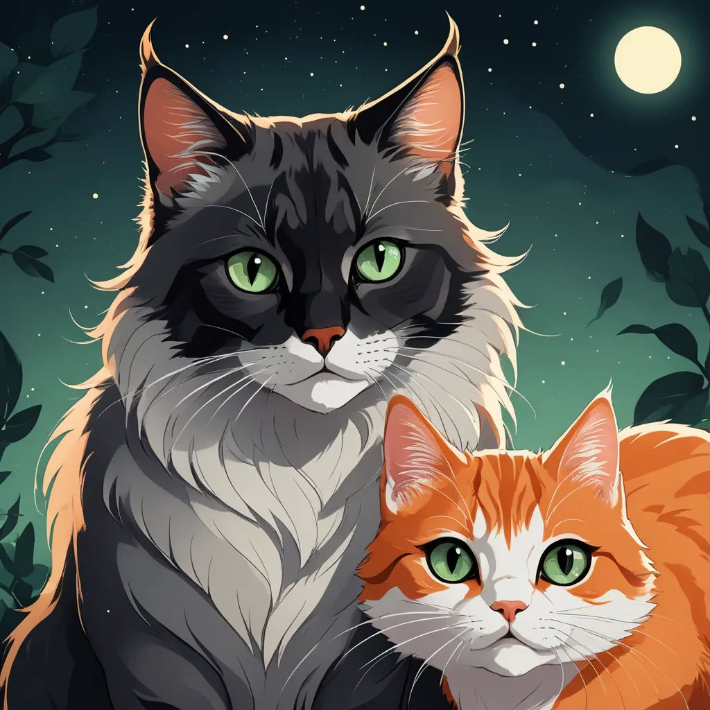 a couple of cats sitting next to each other on a field of grass at night with the moon in the background, sots art, a storybook illustration, Android Jones, game art