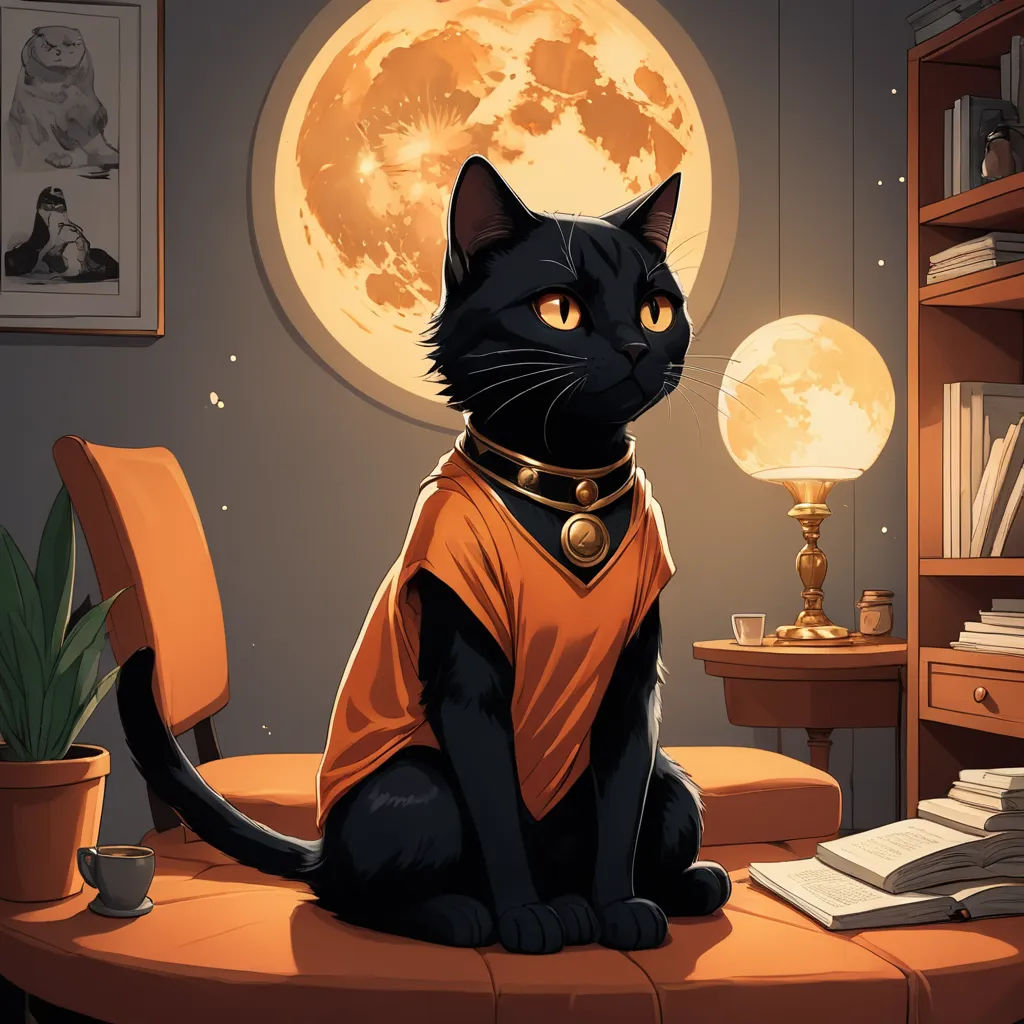 a black cat sitting on a table in front of a full moon and a lamp on a table with a bookcase, furry art, a character portrait, Atey Ghailan, official art