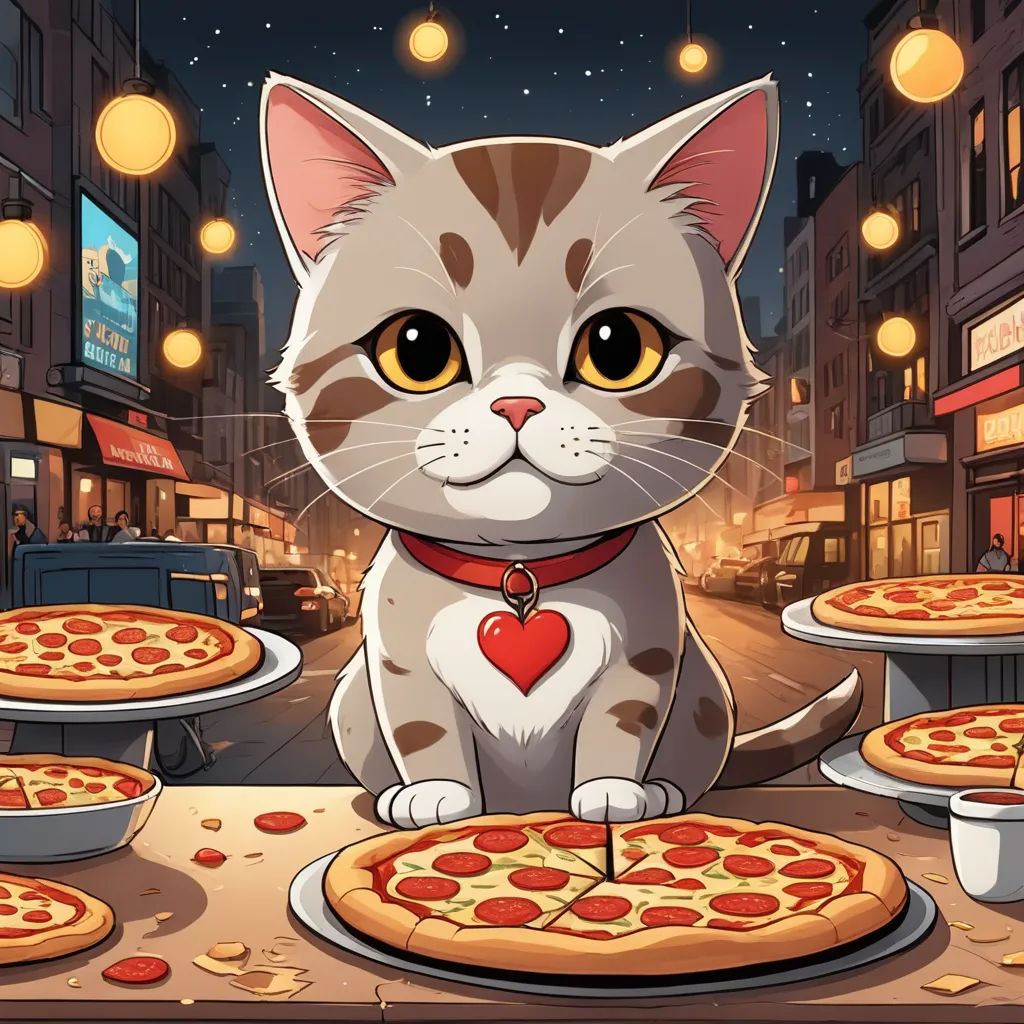 a cat sitting on a table with pizzas on it and lights above it and a city street in the background, sots art, concept art, Carlos Catasse, game art