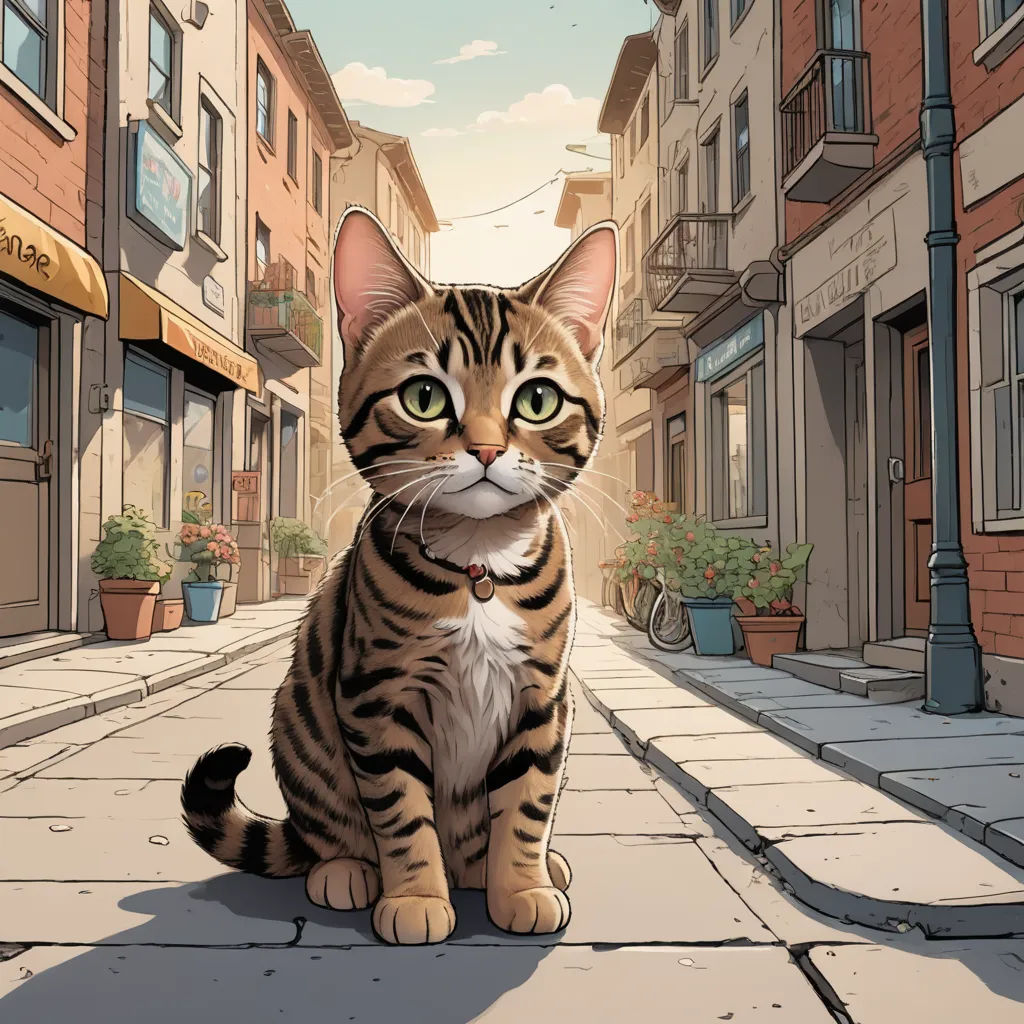 a cat sitting on a sidewalk in a city street with buildings and a sign that says, the cat is a cat, furry art, a comic book panel, Chris LaBrooy, official art