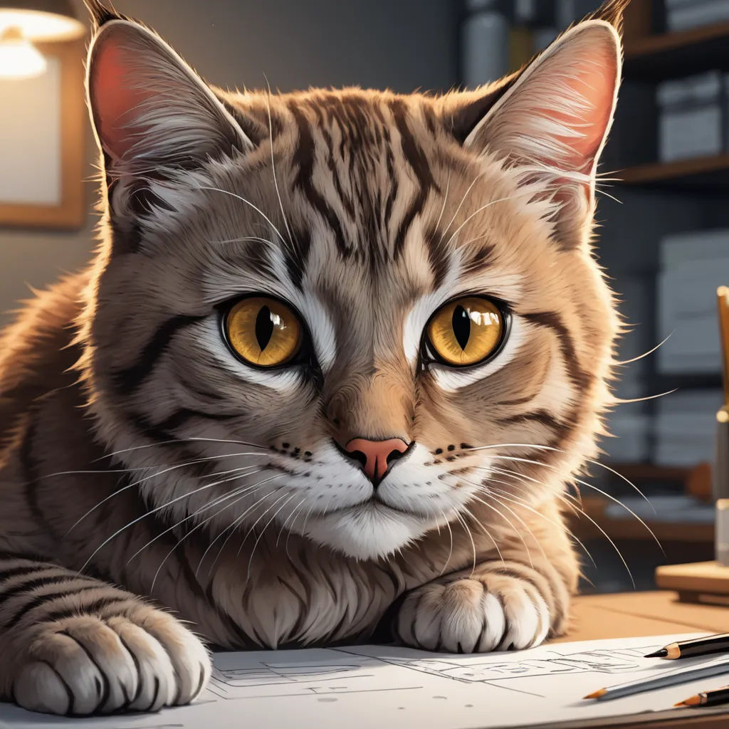 a cat sitting on a desk with a pen and paper in front of it and a lamp on the side, furry art, a photorealistic painting, artist, trending on art station