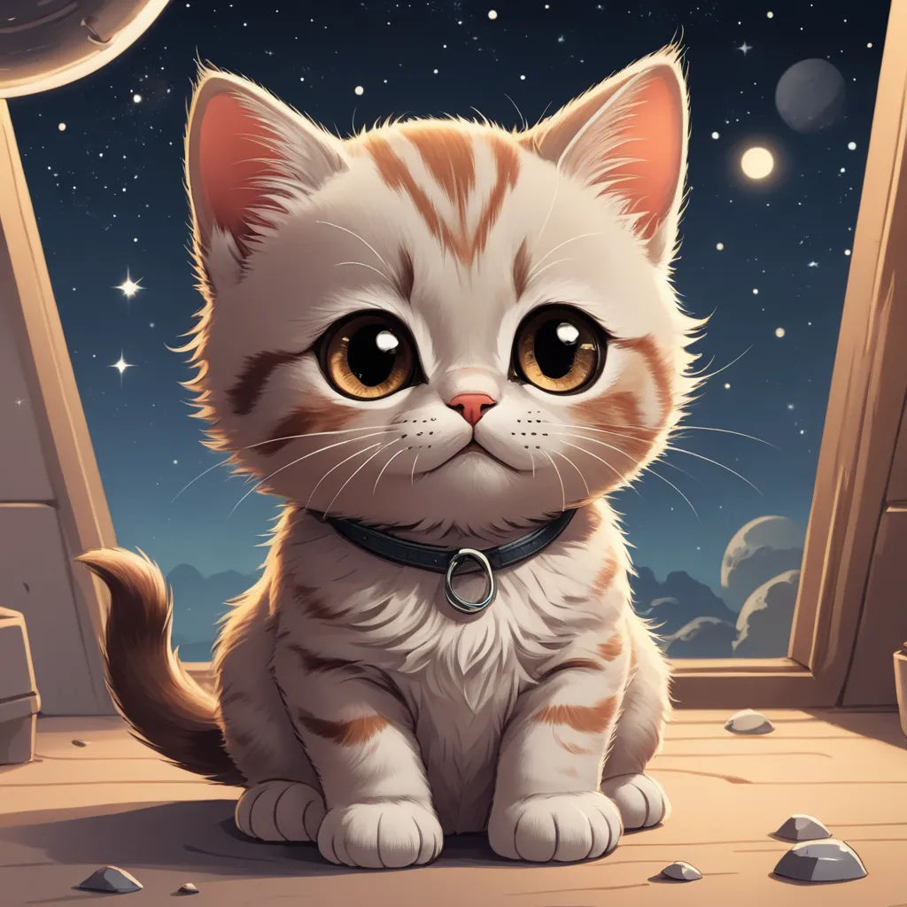a cat sitting on a floor looking out a window at the night sky with stars and moon in the background, space art, a character portrait, Cyril Rolando, cute and adorable