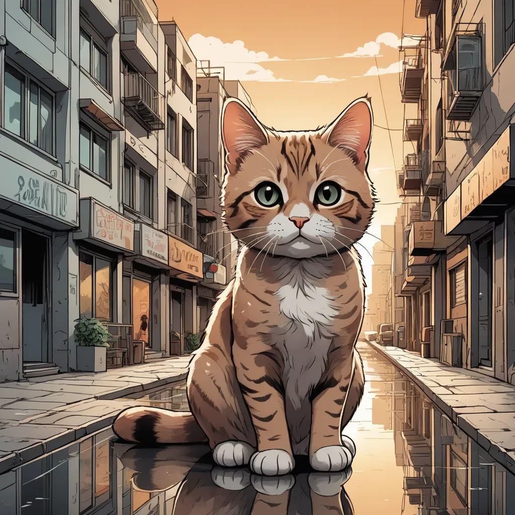 a cat sitting on a puddle in a city street with buildings and a sky background, with a reflection of it, furry art, a comic book panel, Asaf Hanuka, official art