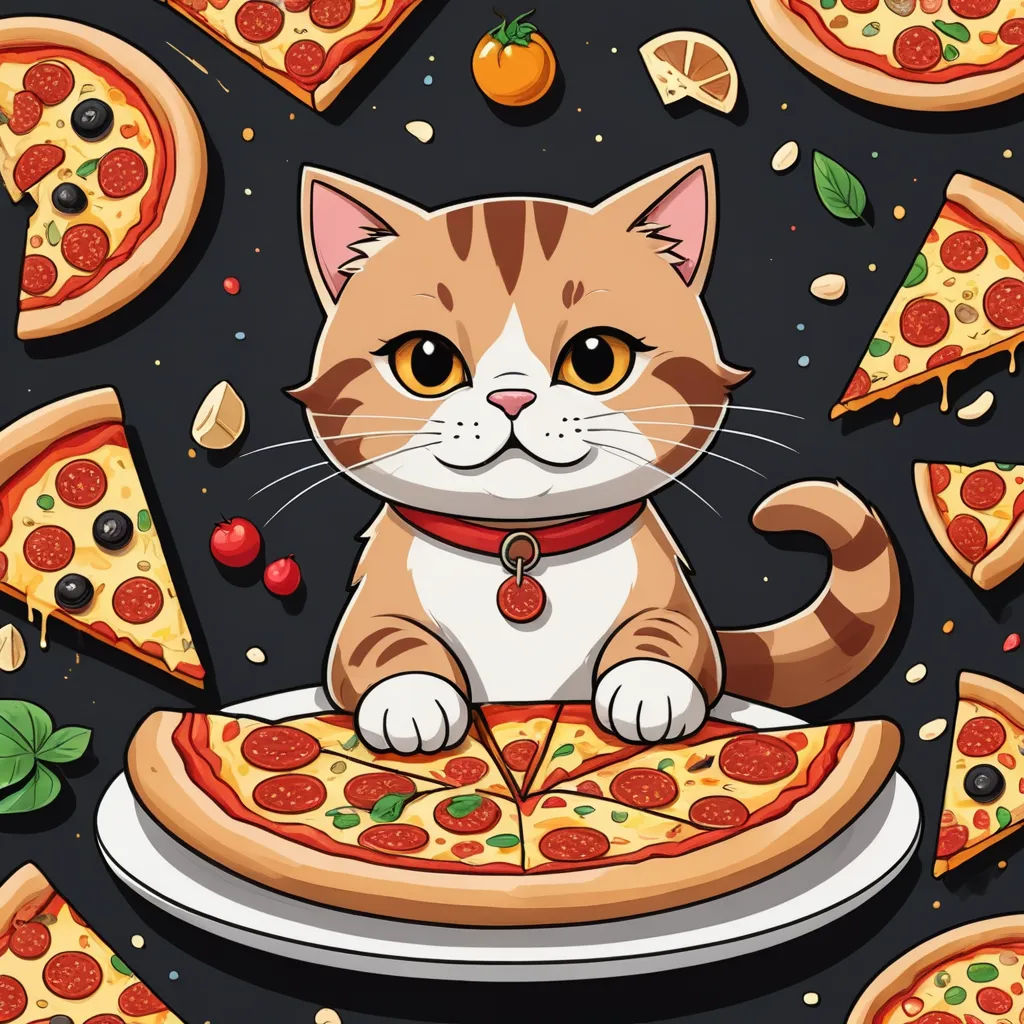 a cat sitting on a plate with pizza slices around it and a bunch of other pizzas around it, furry art, a storybook illustration, Carlos Catasse, game art