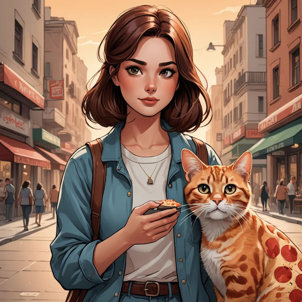 a woman holding a cat on a city street with buildings in the background and a street sign in the foreground, furry art, a comic book panel, Cyril Rolando, comic cover art