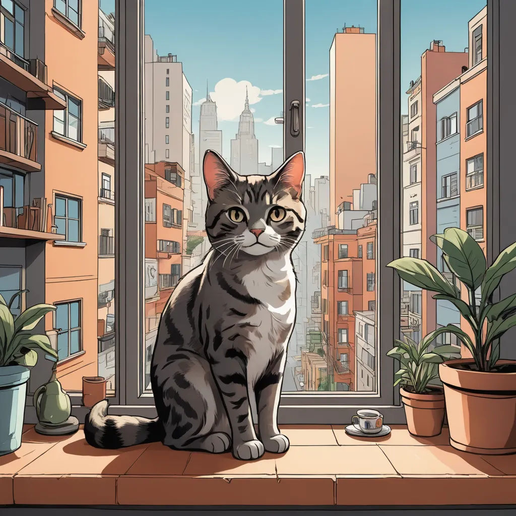 a cat sitting on a window sill looking out the window at the city outside of the window,, furry art, a comic book panel, Atey Ghailan, city background