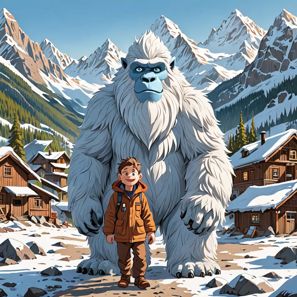 a boy standing in front of a giant yet big gorilla in a snowy mountain town with mountains in the background, furry art, poster art, Aaron Jasinski, promotional image