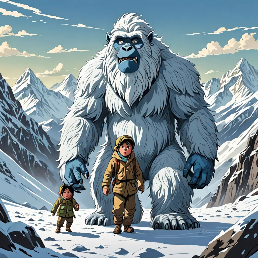 a man and a child are standing in front of a bigfoot in the snow with mountains in the background, serial art, a storybook illustration, Diego Gisbert Llorens, promotional image