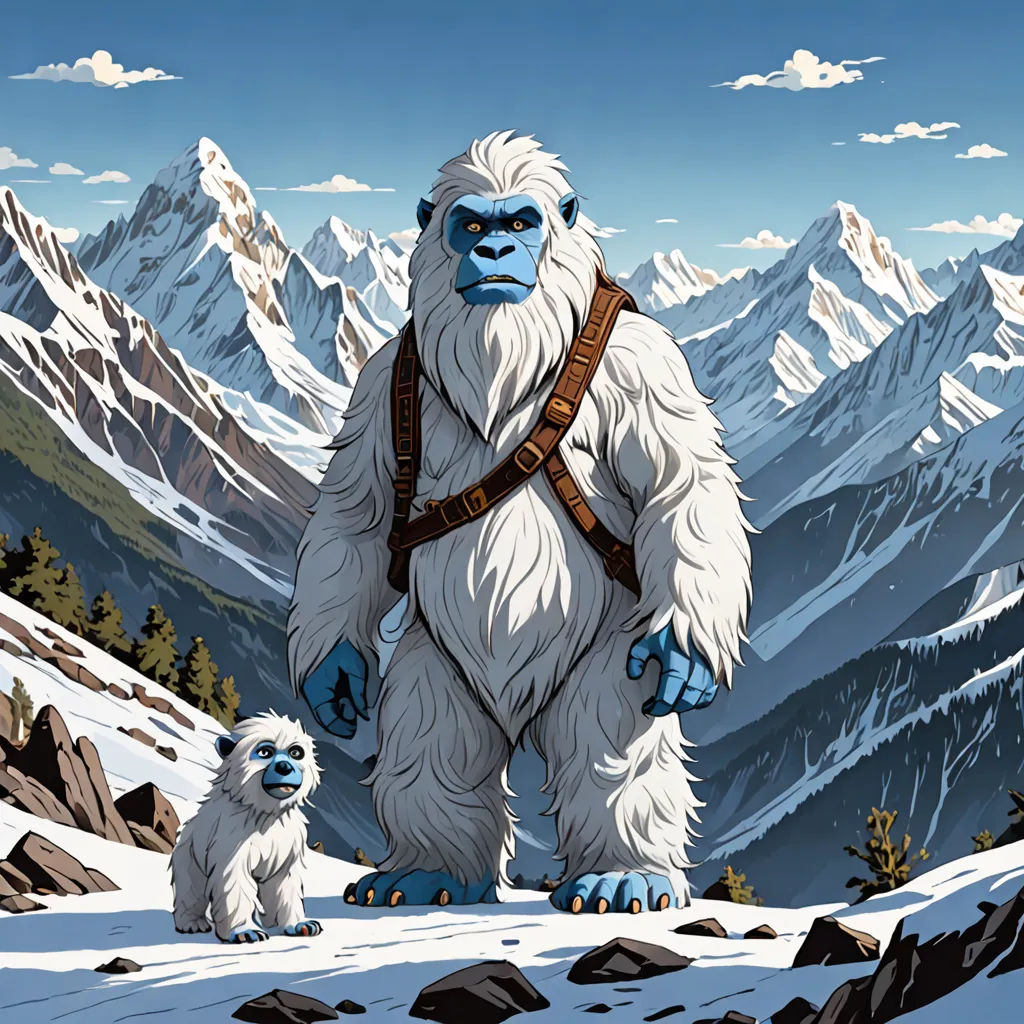 a big furry white gorilla standing next to a small white dog on a snow covered mountain side with mountains in the background, furry art, a storybook illustration, Ed Binkley, josan gonzales and dan mumford