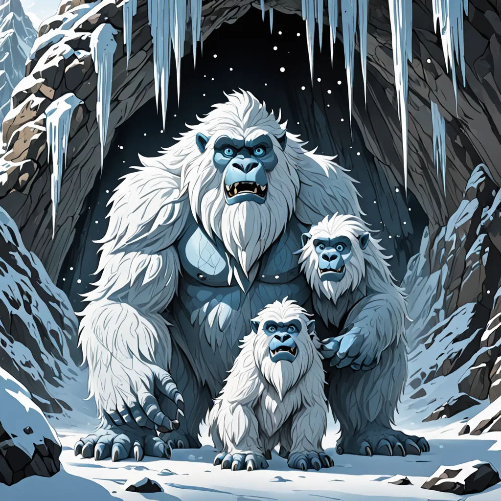 a group of gorillas standing in front of a cave with ice formations and icicles on the walls, furry art, poster art, Alex Petruk APe, josan gonzales and dan mumford