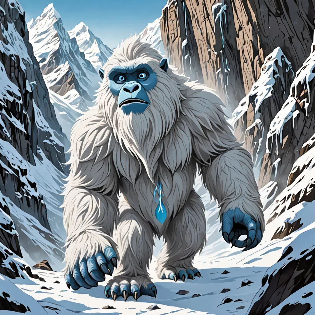a big furry yet standing in a snowy mountain area with a blue tear dropper on his nose and a mountain behind him, altermodern, a character portrait, Alex Petruk APe, magic the gathering artwork