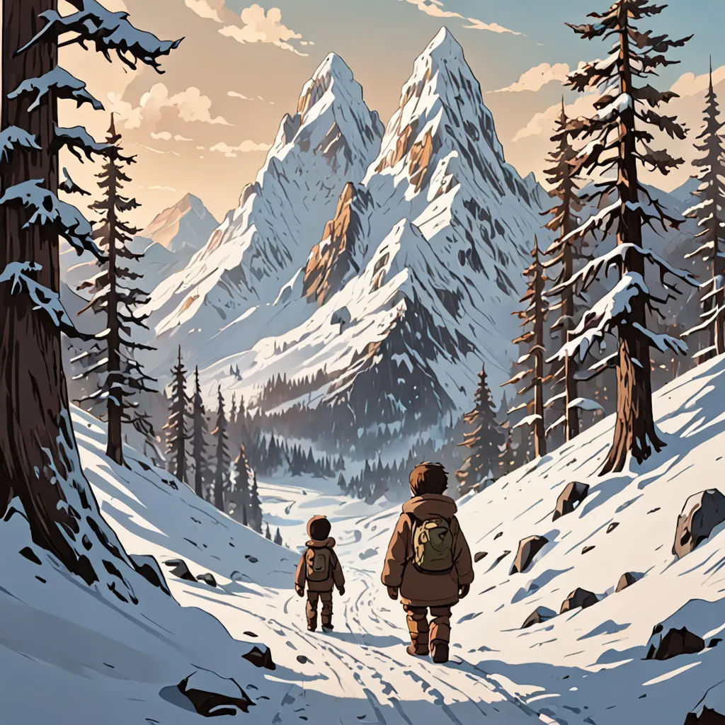 a couple of people walking down a snow covered hill next to a forest filled with trees and mountains covered in snow, environmental art, poster art, Dan Mumford, josan gonzales and dan mumford