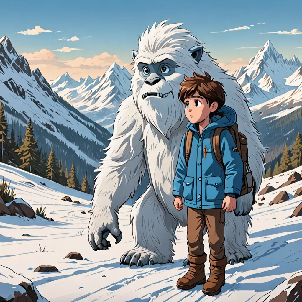 a boy standing in front of a big furry animal in the snow with a backpack on his back and a mountain in the background, serial art, a storybook illustration, Diego Gisbert Llorens, promotional image