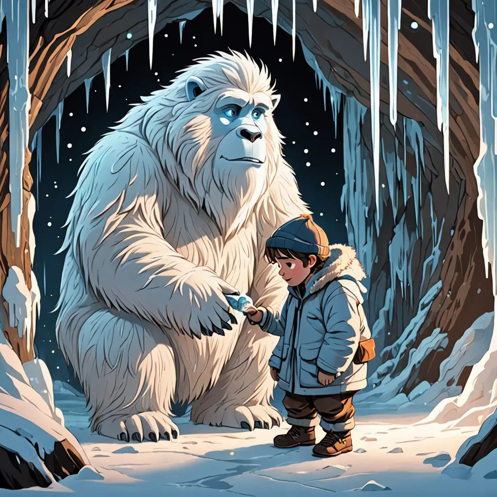 a boy standing next to a large white bear in a cave filled with ice and icicles on the ground, fantasy art, a storybook illustration, Diego Gisbert Llorens, josan gonzales and dan mumford