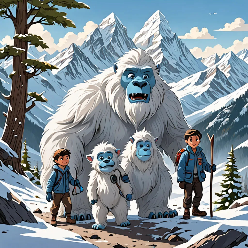 a group of people standing next to a big furry animal in the snow with mountains in the background and a sky with clouds, furry art, a storybook illustration, Diego Gisbert Llorens, josan gonzales and dan mumford