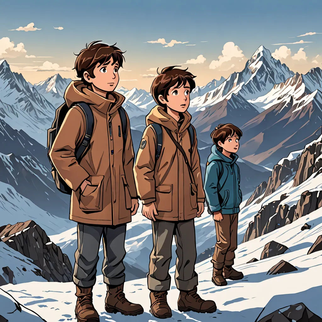 a group of people standing on top of a snow covered mountain next to a forest filled with trees and bushes, dau-al-set, a comic book panel, Brothers Hildebrandt, yukito kishiro