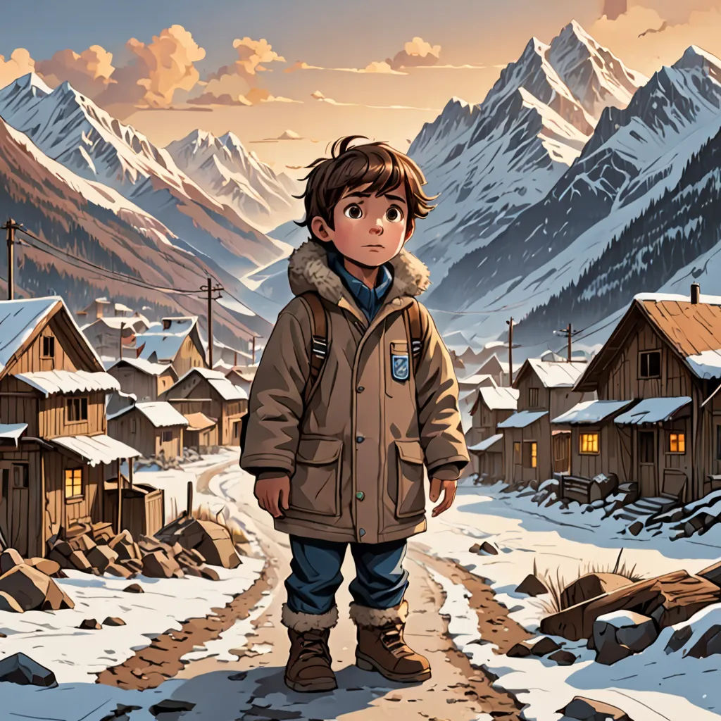 a boy standing in the snow in front of a mountain village with a snow covered mountain in the background, photorealism, a storybook illustration, Aaron Jasinski, kinkade
