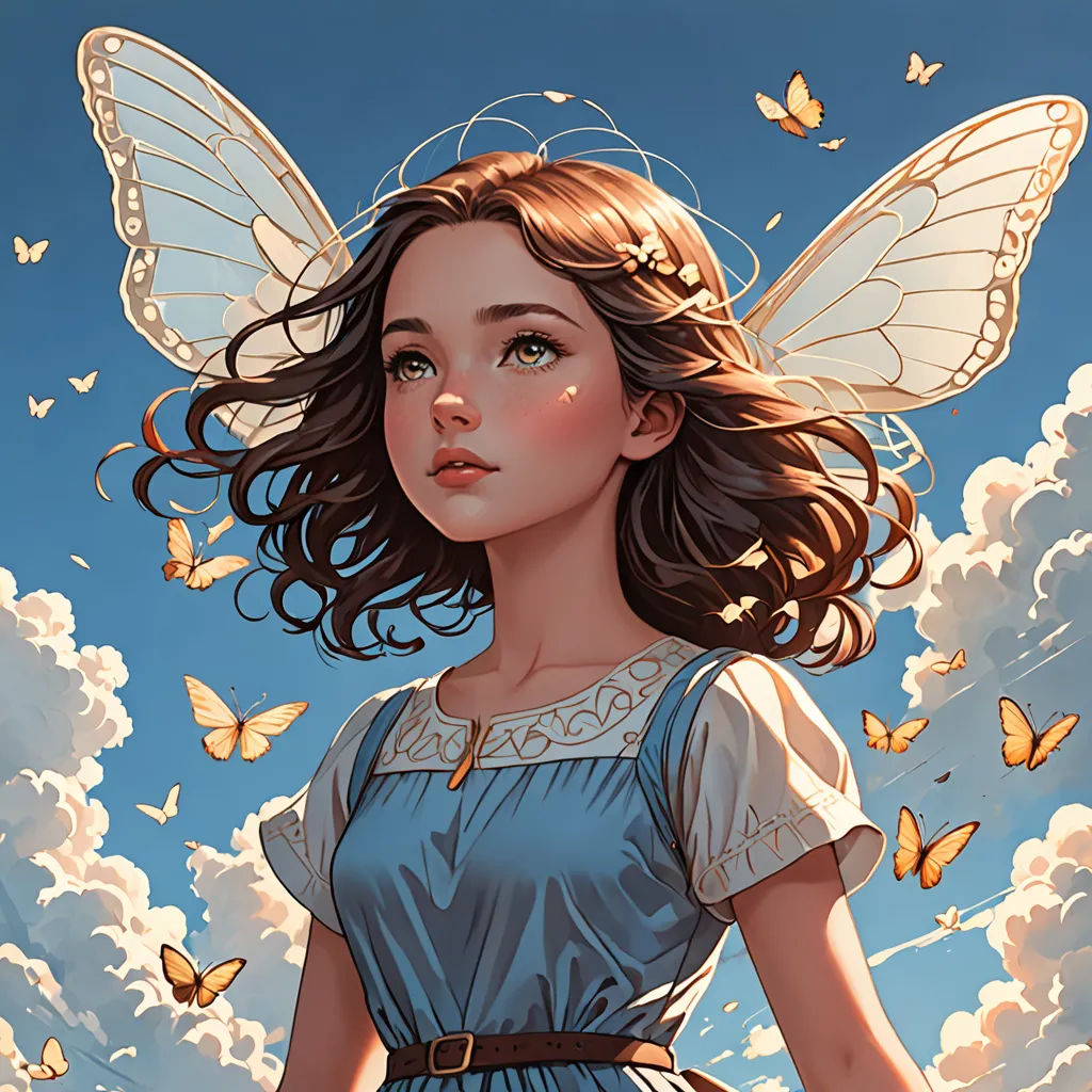 a girl with a butterfly on her head and a blue dress on her shoulders, standing in front of a cloudy sky, fantasy art, a detailed painting, Artgerm, rossdraws global illumination