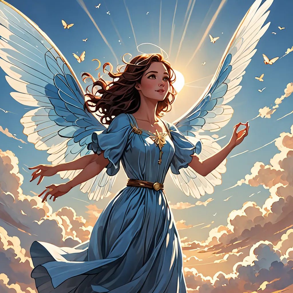 a woman in a blue dress with wings flying through the sky with a sun shining behind her and clouds in the background, fantasy art, a storybook illustration, Christophe Vacher, rossdraws global illumination