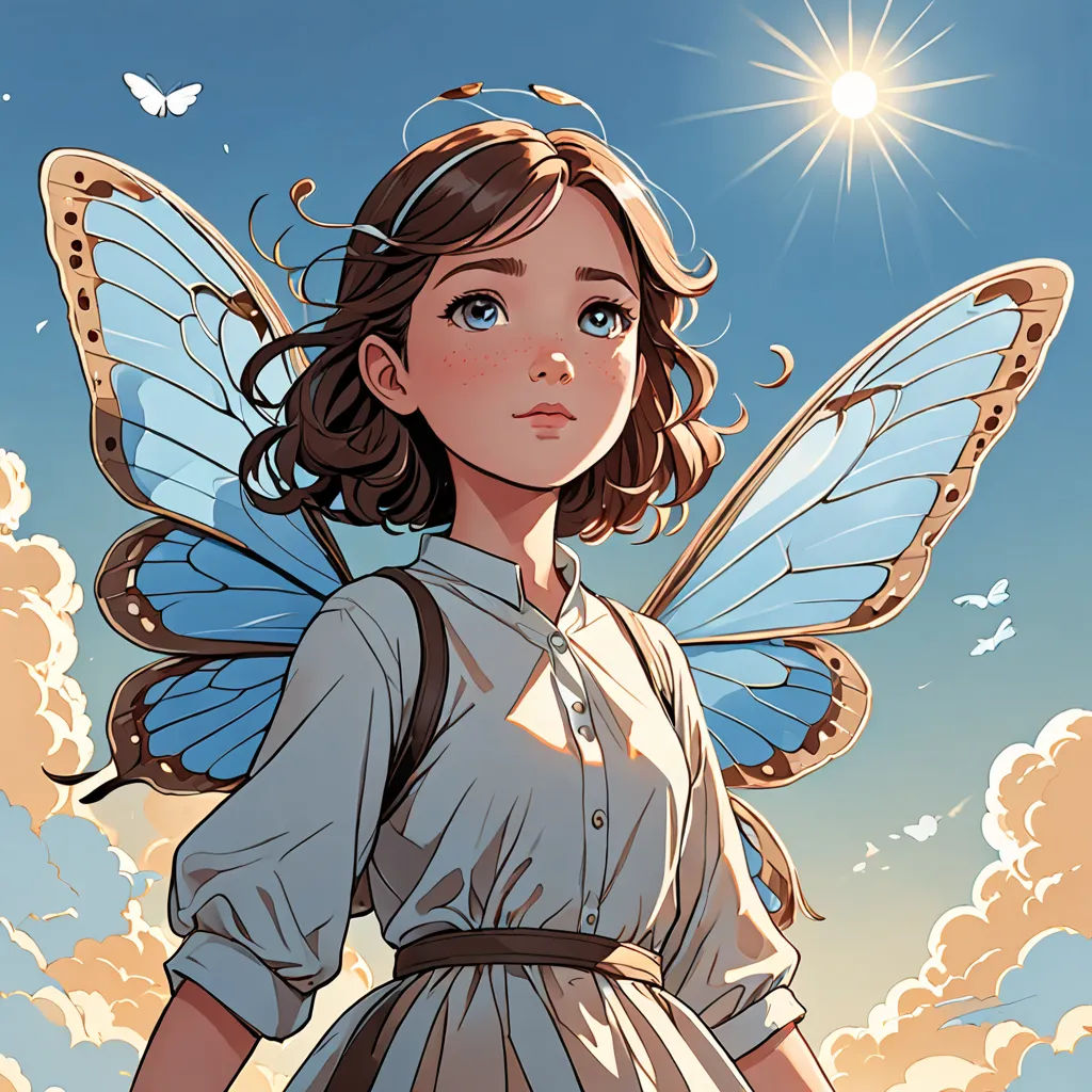 a girl with a butterfly wings on her back and a blue sky background with clouds and a sun behind her, fantasy art, a storybook illustration, Cliff Childs, rossdraws global illumination